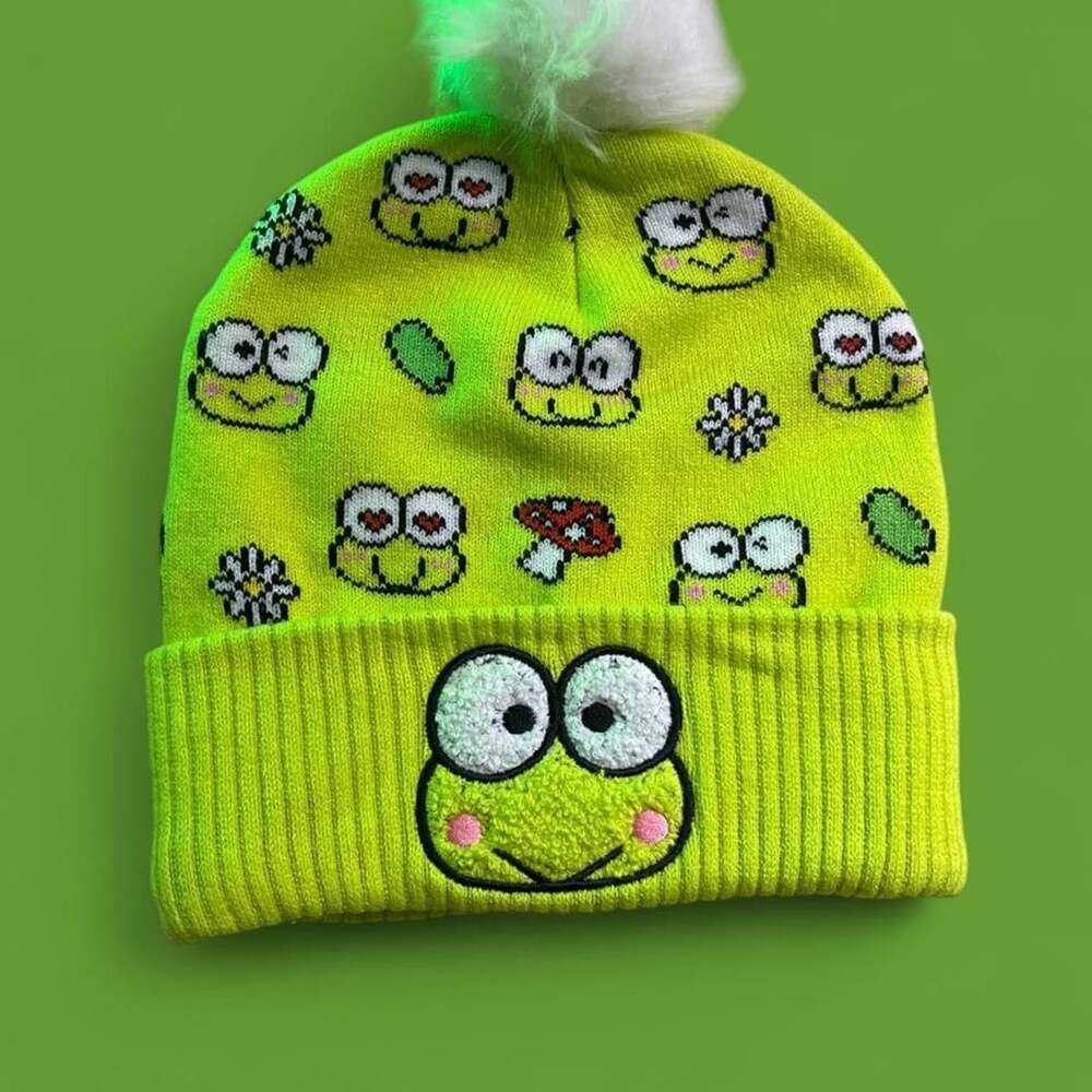 Sanrio Keroppi Beanie Lime Green Pom Pom Hat Bioworld